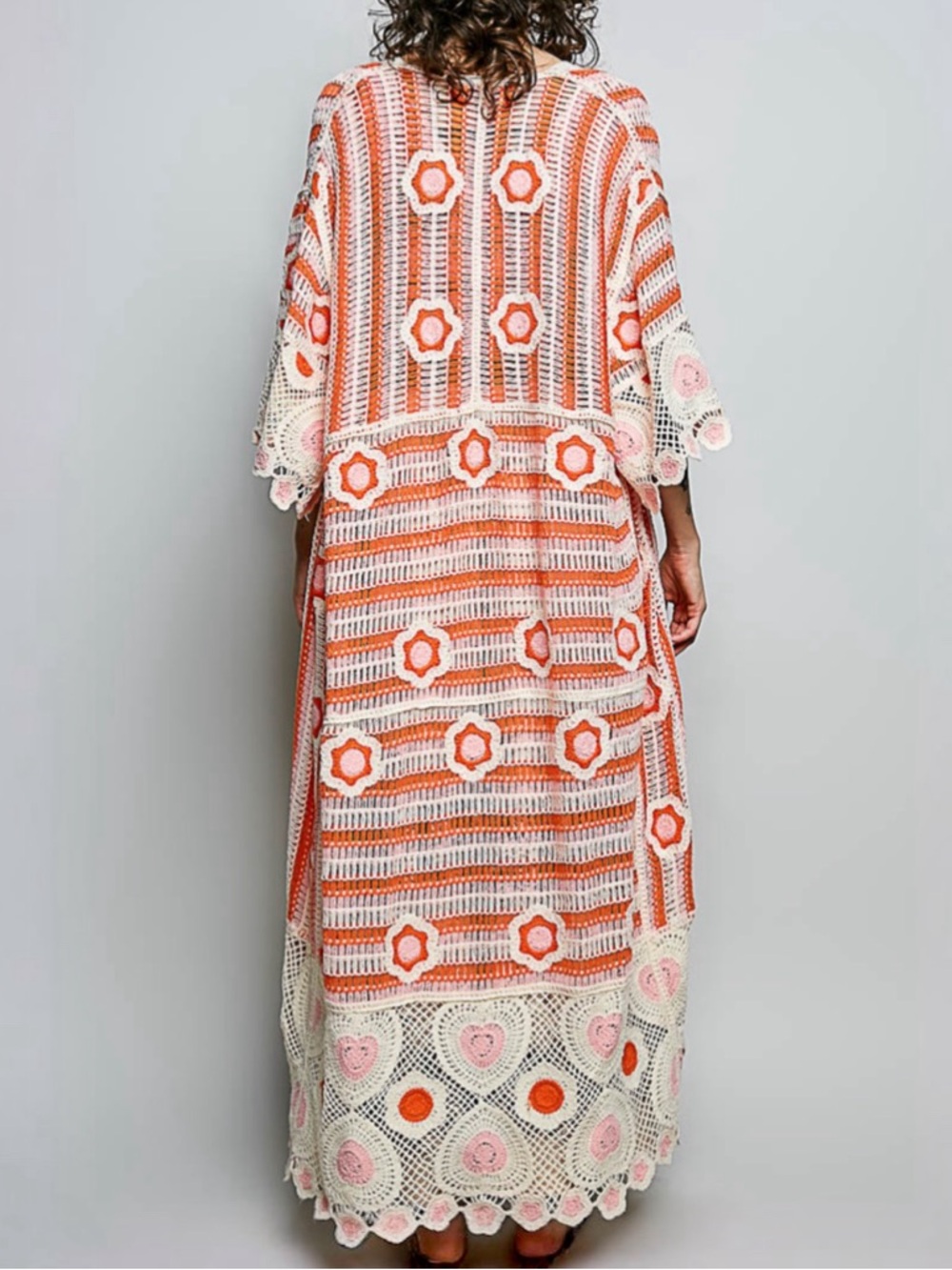 NWT POL Bohemian Pink Orange Crochet Long Duster Cardigan Sweater One Size